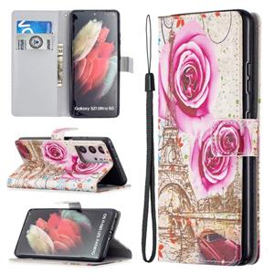 huismerk Voor Samsung Galaxy S21 Ultra 5G Gekleurde Tekening Patroon Horizontale Flip PU Lederen Case met Houder & Card Slots & Wallet & Lanyard (Rose Tower)