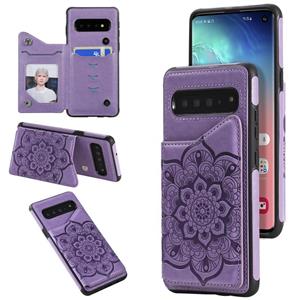 huismerk Voor Samsung Galaxy S10 Flower Embossing Patroon Schokbestendige Beschermhoes met Houder & Kaartsleuven > Fotolijst (Paars)