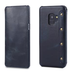 Voor Galaxy S9 Denior Oil Wax Cowhide Eenvoudige horizontale flip lederen zaak met card slots & wallet (donkerblauw)