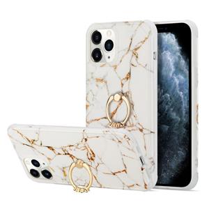 huismerk For iPhone 13 Pro Max Four Corners Shocproof Flow Gold Marble IMD Back Cover Case with Metal Rhinestone Ring(White)