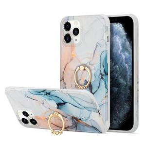 huismerk For iPhone 13 Pro Max Four Corners Shocproof Flow Gold Marble IMD Back Cover Case with Metal Rhinestone Ring(Orange)