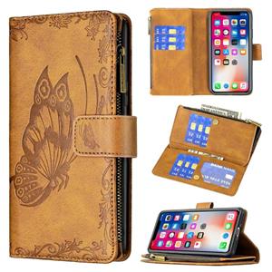 huismerk Voor iPhone XS / X Flying Butterfly Embossing Pattern Rits Horizontale Flip Leren Case met Houder & Card Slots & Portemonnee (Bruin)