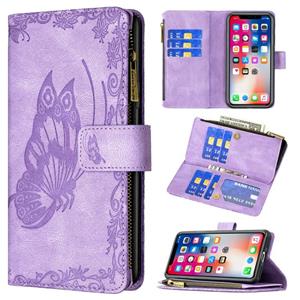 huismerk Voor iPhone XS / X Flying Butterfly Embossing Pattern Rits Horizontale Flip Leren Case met Houder & Kaart Slots & Portemonnee (Paars)