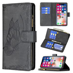 huismerk Voor iPhone XS / X Flying Butterfly Embossing Pattern Rits Horizontale Flip Leren Case met Houder & Card Slots & Portemonnee (Zwart)