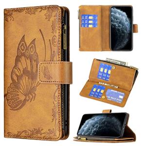 huismerk Voor iPhone XR Flying Butterfly Embossing Pattern Rits Horizontale Flip Leren Case met Houder & Card Slots & Portemonnee (Bruin)