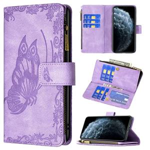 huismerk Voor iPhone XR Flying Butterfly Embossing Pattern Rits Horizontale Flip Leren Case met Houder & Card Slots & Portemonnee (Paars)