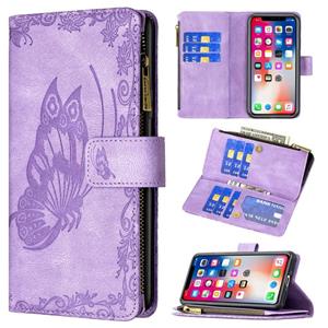 huismerk Voor iPhone XS Max Flying Butterfly Embossing Pattern Rits Horizontale Flip Lederen Case met Houder & Card Slots & Portemonnee (Paars)