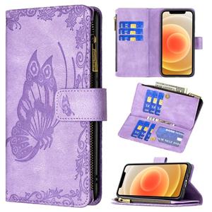 huismerk Voor iPhone 12 Mini Flying Butterfly Embossing Pattern Rits Horizontale Flip Leren Case met Houder & Card Slots & Portemonnee (Paars)