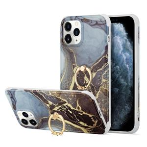 huismerk For iPhone 13 Four Corners Shocproof Flow Gold Marble IMD Back Cover Case with Metal Rhinestone Ring(Black)