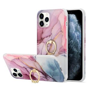 huismerk For iPhone 13 Four Corners Shocproof Flow Gold Marble IMD Back Cover Case with Metal Rhinestone Ring(Purple)