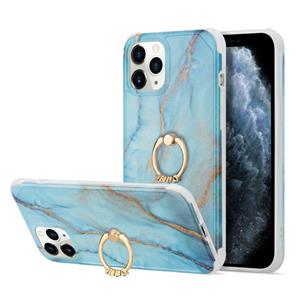 huismerk For iPhone 13 Four Corners Shocproof Flow Gold Marble IMD Back Cover Case with Metal Rhinestone Ring(Blue)