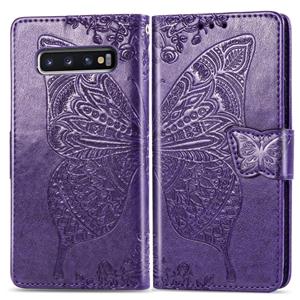 huismerk Butterfly Love bloemen reliëf horizontale Flip lederen case voor Galaxy S10 met houder & kaartsleuven & portemonnee & Lanyard (donker paars)