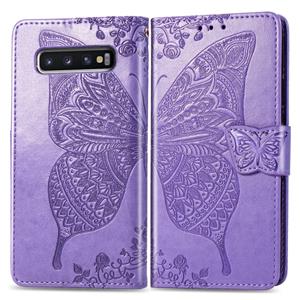 huismerk Butterfly Love bloemen reliëf horizontale Flip lederen case voor Galaxy S10 met houder & kaartsleuven & portemonnee & Lanyard (licht paars)