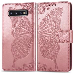 huismerk Butterfly Love bloemen reliëf horizontale Flip lederen case voor Galaxy S10 met houder & kaartsleuven & portemonnee & Lanyard (Rose goud)