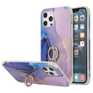 huismerk Four Corners Shocproof Flow Gold Marble IMD Back Cover Case with Metal Rhinestone Ring For iPhone 13 Pro Max(Dark Blue)