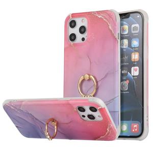 huismerk Four Corners Shocproof Flow Gold Marble IMD Back Cover Case with Metal Rhinestone Ring For iPhone 13 Pro Max(Magenta)