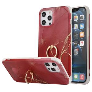 huismerk Four Corners Shocproof Flow Gold Marble IMD Back Cover Case with Metal Rhinestone Ring For iPhone 13 Pro Max(Red)