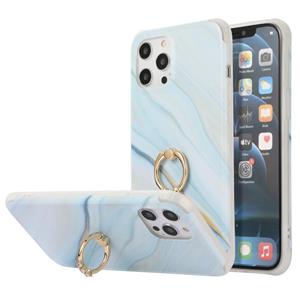 huismerk Four Corners Shocproof Flow Gold Marble IMD Back Cover Case with Metal Rhinestone Ring For iPhone 13 Pro Max(Blue)