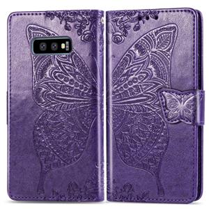 huismerk Butterfly Love bloemen reliëf horizontale Flip lederen case voor Galaxy S10e met houder & kaartsleuven & portemonnee & Lanyard (donker paars)