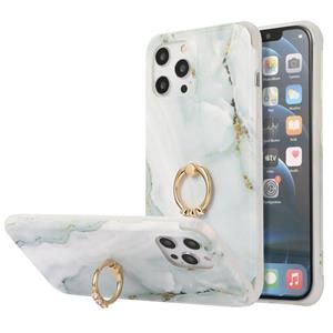 huismerk Four Corners Shocproof Flow Gold Marble IMD Back Cover Case with Metal Rhinestone Ring For iPhone 13(Gray)