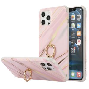 huismerk Four Corners Shocproof Flow Gold Marble IMD Back Cover Case with Metal Rhinestone Ring For iPhone 13(Pink)