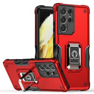 huismerk For Samsung Galaxy S21 Ultra 5G Ring Holder Non-slip Armor Phone Case(Red)