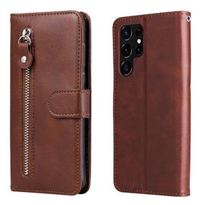 huismerk Voor Samsung Galaxy S22 Ultra 5G Calf Texture Rits Horizontale Flip Leren Telefoonhoes (Bruin)