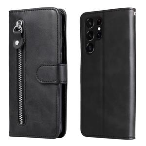 huismerk Voor Samsung Galaxy S22 Ultra 5G Calf Texture Zipper Horizontale Flip Lederen Telefoonhoes (Zwart)