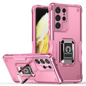 huismerk Voor Samsung Galaxy S21 Ultra 5G Ringhouder Antislip Armor Phone Case (Pink)