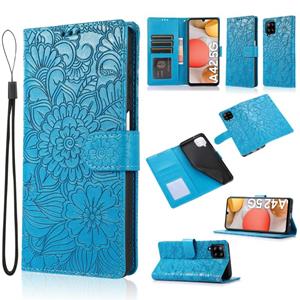 huismerk Voor Samsung Galaxy A42 5G Skin Feel reliëf Sunflower Horizontal Flip Lederen Case met Houder & Card Slots & Wallet & Lanyard