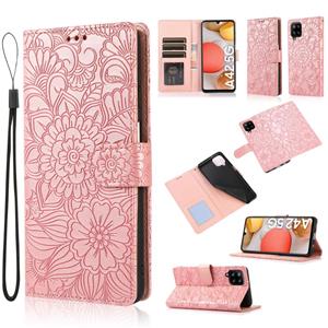 huismerk Voor Samsung Galaxy A42 5G Skin Feel reliëf Sunflower Horizontale Flip Leren Case met Houder & Card Slots & Wallet & Lanyard (Rose Gold)