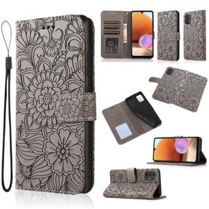 huismerk Voor Samsung Galaxy A32 4G Huid Feel Reliëf Zonnebloem Horizontale Flip Lederen Case met Houder & Card Slots & Wallet & Lanyard