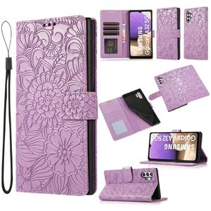 huismerk Voor Samsung Galaxy A32 5G Huid Feel Reliëf Zonnebloem Horizontale Flip Leren Case Met Houder & Card Slots & Wallet & Lanyard (Purple)