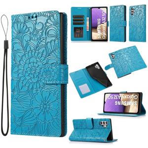 huismerk Voor Samsung Galaxy A32 5G Huid Feel Reliëf Zonnebloem Horizontale Flip Leren Case Met Houder & Card Slots & Wallet & Lanyard (Blauw)