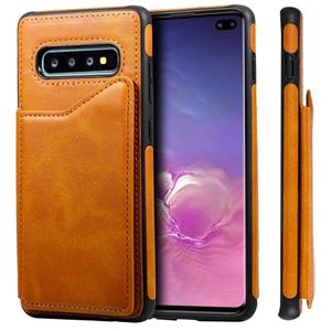 huismerk Voor Galaxy S10+ Shockproof Calf Texture Protective Case met Holder & Card Slots & Frame(Brown)