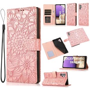 huismerk Voor Samsung Galaxy A32 5G skin feel reliëf zonnebloem horizontale flip lederen hoesje met houder kaart slots & portemonnee &lanyard (rose goud)