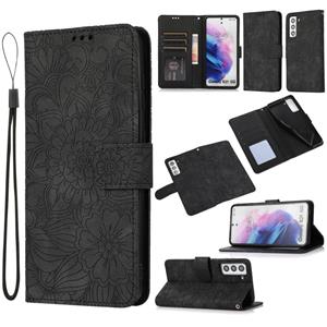 huismerk Voor Samsung Galaxy S21 5G Skin Feel Reliëf Zonnebloem Horizontale Flip Leren Case Met Houder & Card Slots & Wallet & Lanyard (Zwart)