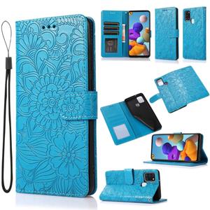 huismerk Voor Samsung Galaxy A21S Skin Feel Reliëf Zonnebloem Horizontale Flip Leren Case Met Houder & Card Slots & Wallet & Lanyard (Blauw)