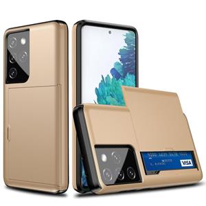 huismerk Voor Samsung Galaxy S21 Ultra 5G Schokbestendig Armor Beschermhoesje met Kaartsleuf (Goud)