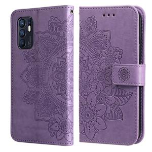 huismerk Voor Oppo Reno6 4G 7-Petal Flowers In reliëf gemaakte flip lederen telefoonhoesje met houder & kaartslots (licht paars)