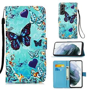 huismerk Voor Samsung Galaxy S21+ 5G Gekleurd tekenpatroon Effenen horizontale flip lederen kast met Holder & Card Slot & Wallet & Lanyard(Caring Butterfly)