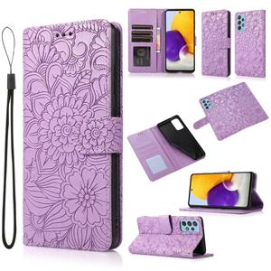 huismerk Voor Samsung Galaxy A72 5G / 4G Skin Feel In reliëf Zonnebloem Horizontale Flip Leren Case Met Houder & Card Slots & Wallet & Lanyard (Purple)