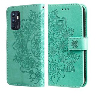 huismerk Voor Oppo Reno6 4G 7-Petal Flowers Reliëf Flip Leren Telefoonhoesje Met Houder & Card Slots