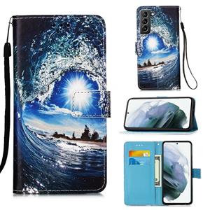 huismerk Voor Samsung Galaxy S21+ 5G Gekleurd tekenpatroon Effen weven horizontale flip lederen kast met Houder & Card Slot & Wallet & Lanyard(Waves and Sun)