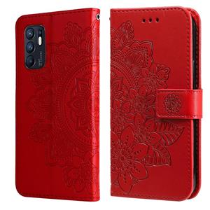 huismerk For OPPO Reno6 4G 7-petal Flowers Embossed Flip Leather Phone Case with Holder & Card Slots(Red)