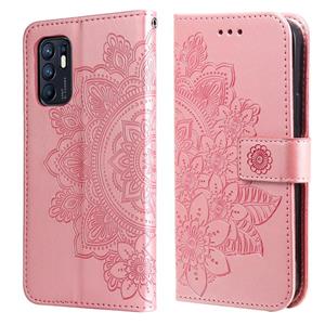 huismerk For OPPO Reno6 4G 7-petal Flowers Embossed Flip Leather Phone Case with Holder & Card Slots(Rose Gold)