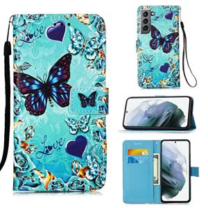 huismerk Voor Samsung Galaxy S21 5G Gekleurd tekenpatroon Effenen horizontale flip lederen kast met Holder & Card Slot & Wallet & Lanyard(Caring Butterfly)