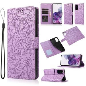 huismerk Voor Samsung Galaxy S20 + Skin Feel Embossed Sunflower Horizontal Flip Leren Case met Houder & Card Slots & Wallet & Lanyard (Purple)