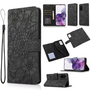 huismerk Voor Samsung Galaxy S20 + Skin Feel Reliëf Zonnebloem Horizontale Flip Leren Case Met Houder & Card Slots & Wallet & Lanyard (Zwart)