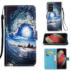 huismerk Voor Samsung Galaxy S21 Ultra 5G Gekleurd tekenpatroon Effen weven horizontale flip lederen kast met Houder & Card Slot & Wallet & Lanyard(Waves and S